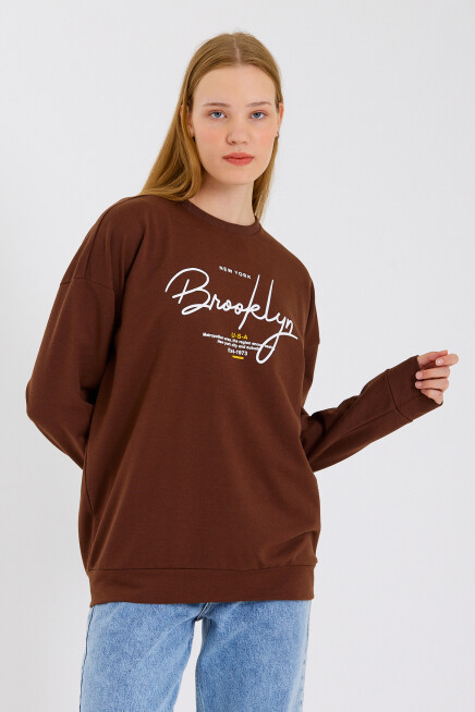 Süperlife Kadın Bisiklet Yaka Regular Fit El Yazılı Brooklyn İnce Sweatshirt SPR23SWK331
