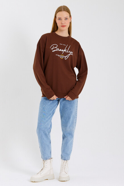 Süperlife Kadın Bisiklet Yaka Regular Fit El Yazılı Brooklyn İnce Sweatshirt SPR23SWK331