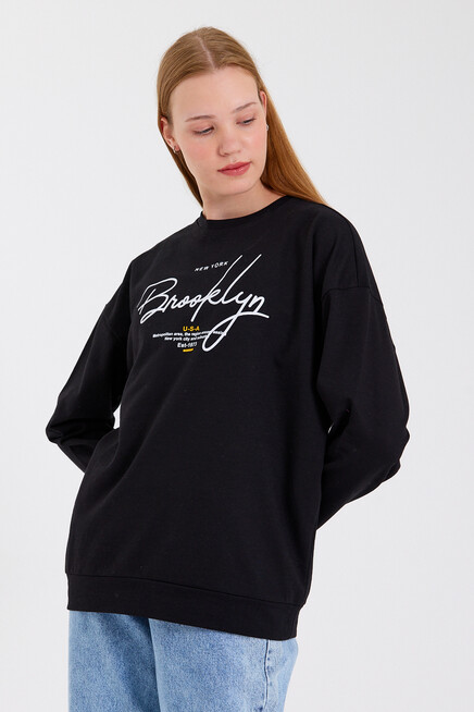 Süperlife Kadın Bisiklet Yaka Regular Fit El Yazılı Brooklyn İnce Sweatshirt SPR23SWK331