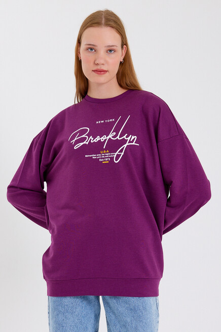 Süperlife Kadın Bisiklet Yaka Regular Fit El Yazılı Brooklyn İnce Sweatshirt SPR23SWK331