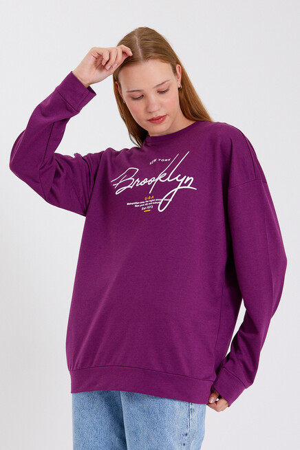 Süperlife Kadın Bisiklet Yaka Regular Fit El Yazılı Brooklyn İnce Sweatshirt SPR23SWK331