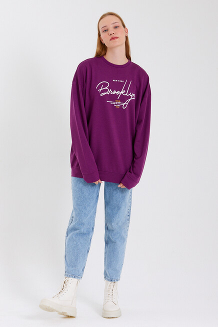 Süperlife Kadın Bisiklet Yaka Regular Fit El Yazılı Brooklyn İnce Sweatshirt SPR23SWK331