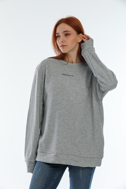 Süperlife Kadın Bisiklet Yaka Oversize Fit Brooklyn Baskılı Sweatshirt SPR22SWK030