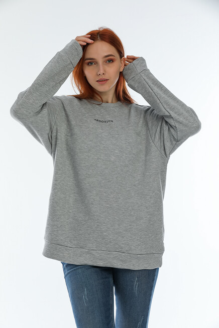 Süperlife Kadın Bisiklet Yaka Oversize Fit Brooklyn Baskılı Sweatshirt SPR22SWK030