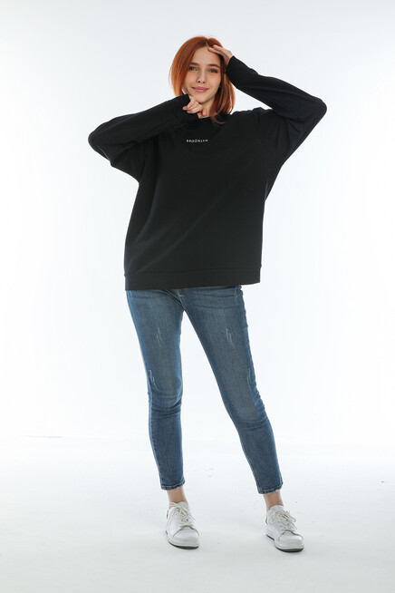 Süperlife Kadın Bisiklet Yaka Oversize Fit Brooklyn Baskılı Sweatshirt SPR22SWK030