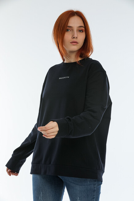 Süperlife Kadın Bisiklet Yaka Oversize Fit Brooklyn Baskılı Sweatshirt SPR22SWK030