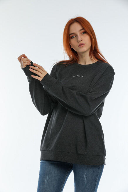 Süperlife Kadın Bisiklet Yaka Oversize Fit Brooklyn Baskılı Sweatshirt SPR22SWK030