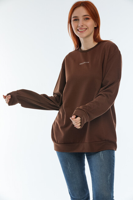 Süperlife Kadın Bisiklet Yaka Oversize Fit Brooklyn Baskılı Sweatshirt SPR22SWK030