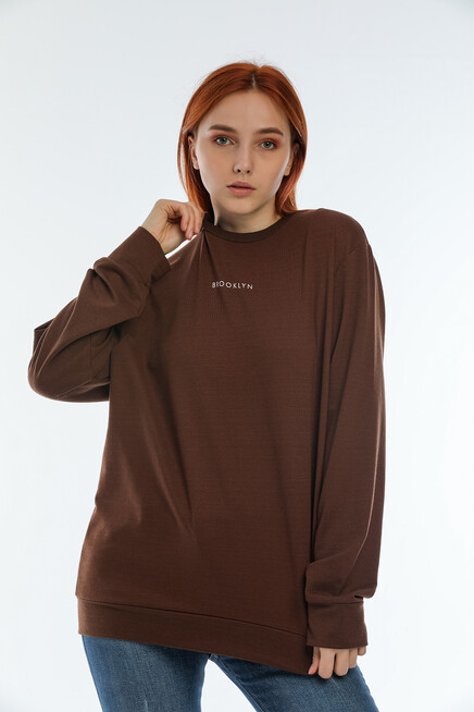 Süperlife Kadın Bisiklet Yaka Oversize Fit Brooklyn Baskılı Sweatshirt SPR22SWK030