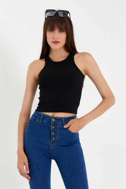 Süperlife Kadın Crop Örme Arkası Yüksek Yaka Slim Fit  Atlet-Tişort SPR21Y11