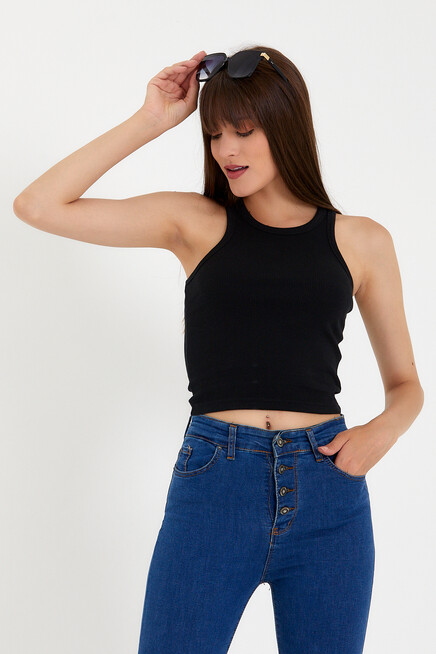 Süperlife Kadın Crop Örme Arkası Yüksek Yaka Slim Fit  Atlet-Tişort SPR21Y11