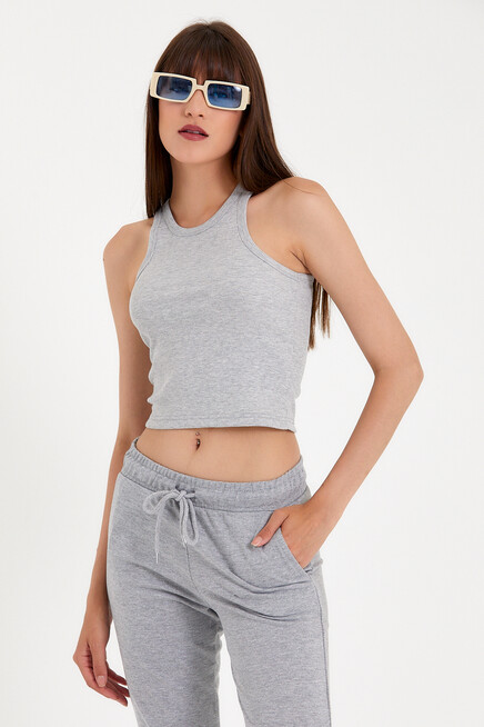 Süperlife Kadın Crop Örme Arkası Yüksek Yaka Slim Fit  Atlet-Tişort SPR21Y11