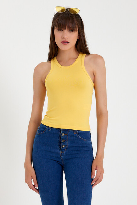 Süperlife Kadın Crop Örme Arkası Yüksek Yaka Slim Fit  Atlet-Tişort SPR21Y11