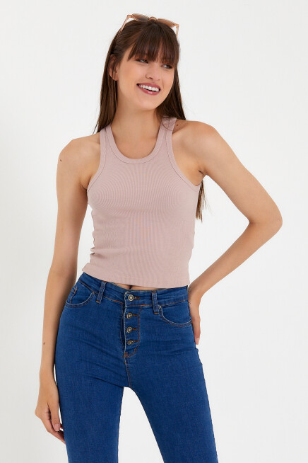 Süperlife Kadın Crop Örme Arkası Yüksek Yaka Slim Fit  Atlet-Tişort SPR21Y11