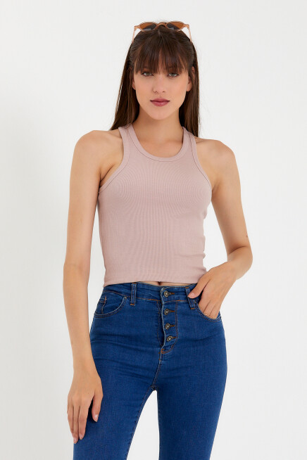 Süperlife Kadın Crop Örme Arkası Yüksek Yaka Slim Fit  Atlet-Tişort SPR21Y11