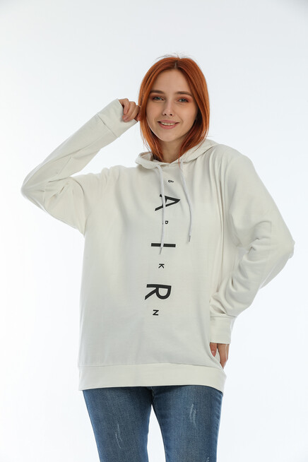 Süperlife Kadın Kapşonlu AR Baskılı İnce Sweatshırt SPR22SWk162