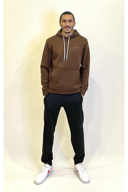 Erkek Kapşonlu Rahat Kalıp İçi Polarlı 3 iplik  Kalın AR Nakışlı Swetashırt spr24sw07