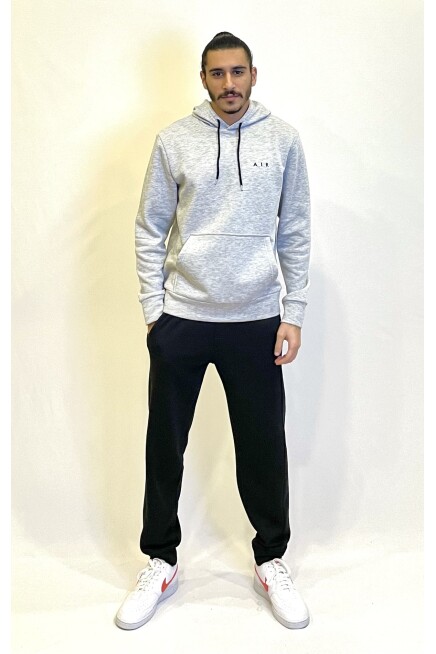 Erkek Kapşonlu Rahat Kalıp İçi Polarlı 3 iplik  Kalın AR Nakışlı Swetashırt spr24sw07