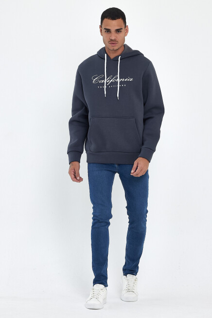 Erkek Kapşonlu Rahat Kalıp İçi Polarlı 3 iplik EL Yazılı Californıa Baskılı Swetashırt spr24sw03