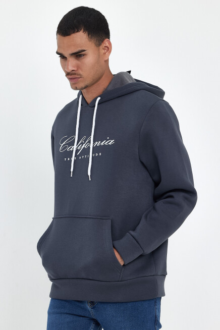 Erkek Kapşonlu Rahat Kalıp İçi Polarlı 3 iplik EL Yazılı Californıa Baskılı Swetashırt spr24sw03