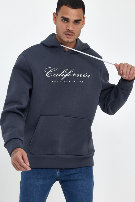 Erkek Kapşonlu Rahat Kalıp İçi Polarlı 3 iplik EL Yazılı Californıa Baskılı Swetashırt spr24sw03