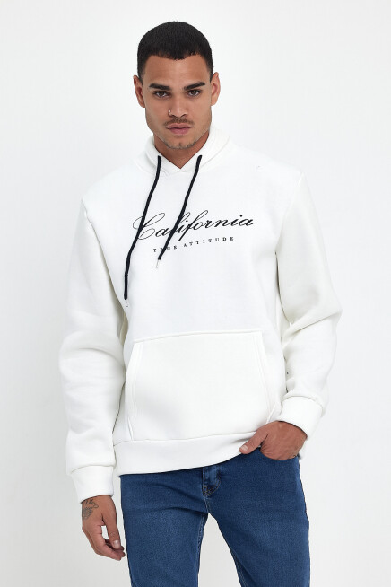 Erkek Kapşonlu Rahat Kalıp İçi Polarlı 3 iplik EL Yazılı Californıa Baskılı Swetashırt spr24sw03