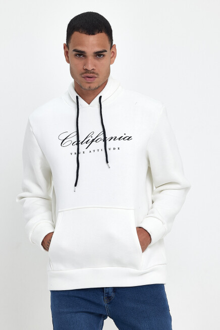 Erkek Kapşonlu Rahat Kalıp İçi Polarlı 3 iplik EL Yazılı Californıa Baskılı Swetashırt spr24sw03