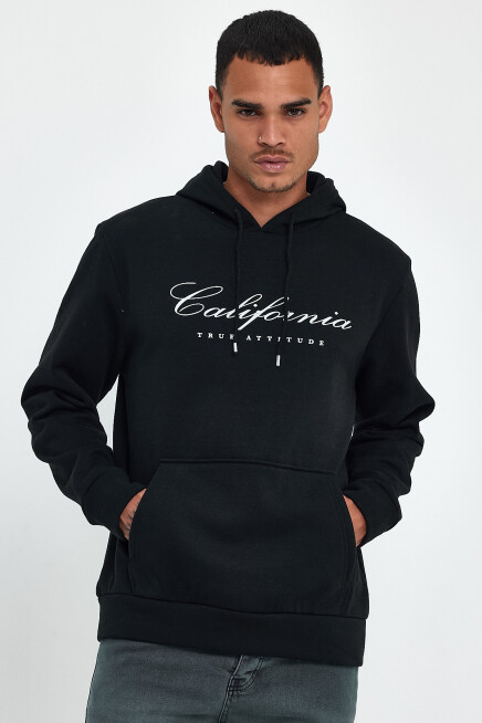 Erkek Kapşonlu Rahat Kalıp İçi Polarlı 3 iplik EL Yazılı Californıa Baskılı Swetashırt spr24sw03