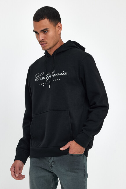 Erkek Kapşonlu Rahat Kalıp İçi Polarlı 3 iplik EL Yazılı Californıa Baskılı Swetashırt spr24sw03