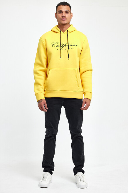 Erkek Kapşonlu Rahat Kalıp İçi Polarlı 3 iplik EL Yazılı Californıa Baskılı Swetashırt spr24sw03