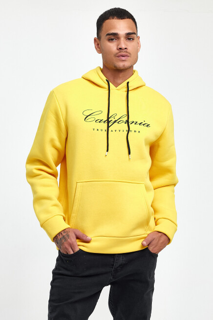 Erkek Kapşonlu Rahat Kalıp İçi Polarlı 3 iplik EL Yazılı Californıa Baskılı Swetashırt spr24sw03