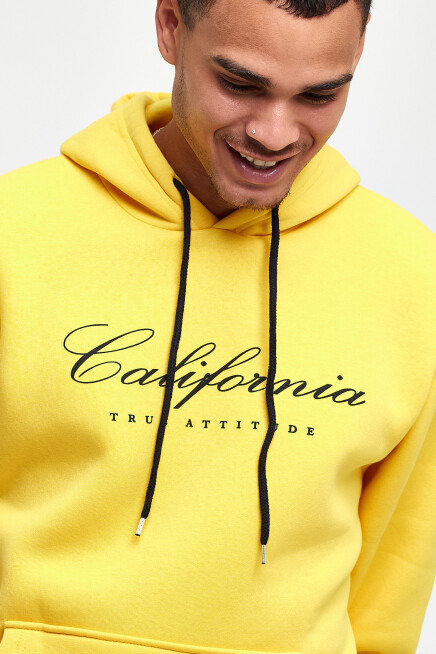 Erkek Kapşonlu Rahat Kalıp İçi Polarlı 3 iplik EL Yazılı Californıa Baskılı Swetashırt spr24sw03