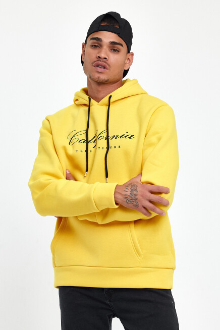 Erkek Kapşonlu Rahat Kalıp İçi Polarlı 3 iplik EL Yazılı Californıa Baskılı Swetashırt spr24sw03