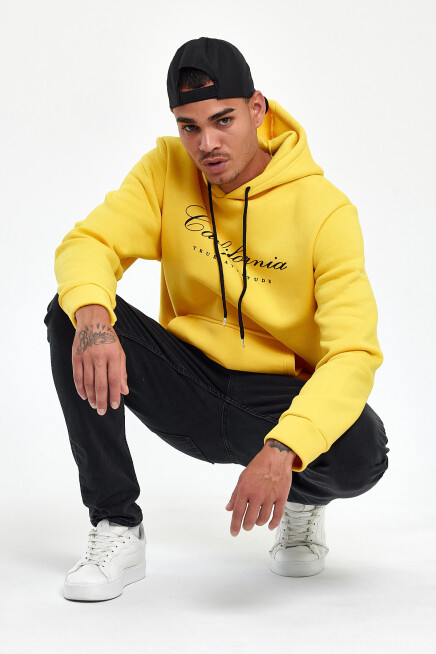 Erkek Kapşonlu Rahat Kalıp İçi Polarlı 3 iplik EL Yazılı Californıa Baskılı Swetashırt spr24sw03