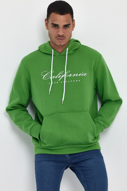 Erkek Kapşonlu Rahat Kalıp İçi Polarlı 3 iplik EL Yazılı Californıa Baskılı Swetashırt spr24sw03