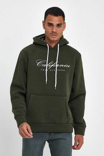 Erkek Kapşonlu Rahat Kalıp İçi Polarlı 3 iplik EL Yazılı Californıa Baskılı Swetashırt spr24sw03