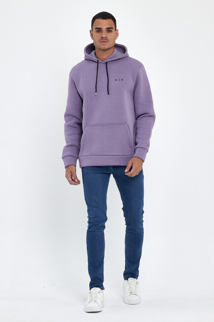 Erkek Kapşonlu Rahat Kalıp İçi Polarlı 3 iplik  Kalın AR Nakışlı Swetashırt spr24sw07