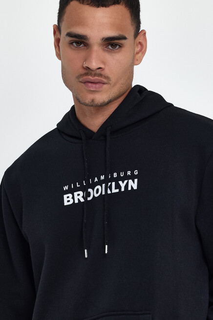 Erkek Kapşonlu Rahat Kalıp İçi Polarlı 3 iplik  Wıllams. Brooklyn Baskılı Swetashırt spr24sw04