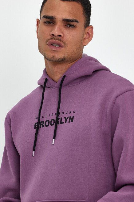 Erkek Kapşonlu Rahat Kalıp İçi Polarlı 3 iplik  Wıllams. Brooklyn Baskılı Swetashırt spr24sw04