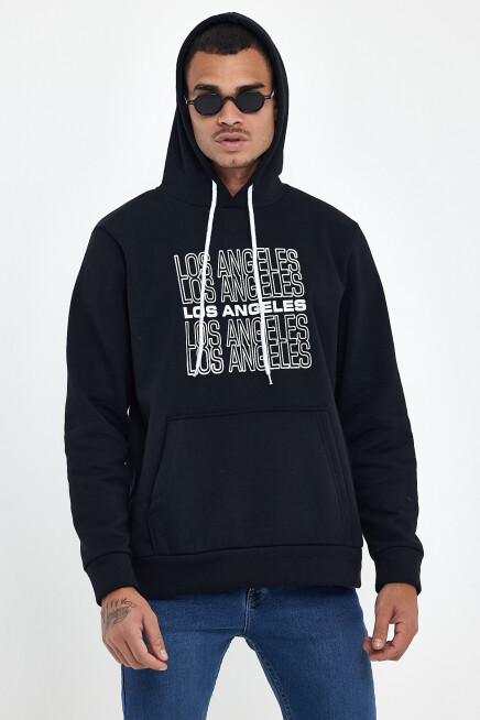 Süperlife Erkek Kapşonlu Rahat Kalıp İçi Polarlı 3 iplik  Los Angeles Baskılı SweatShırt spr24sw10
