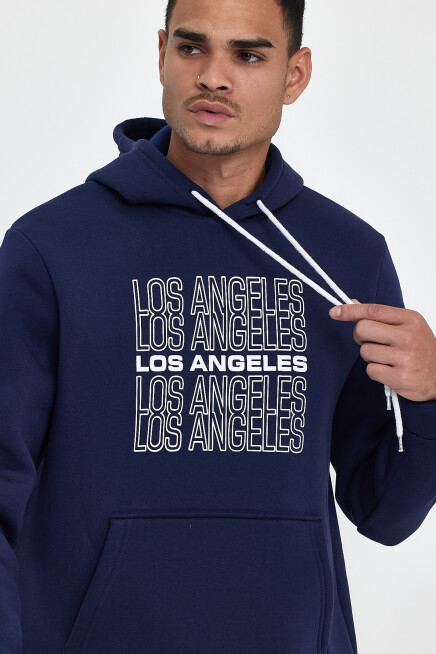 Süperlife Erkek Kapşonlu Rahat Kalıp İçi Polarlı 3 iplik  Los Angeles Baskılı SweatShırt spr24sw10