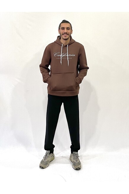 Erkek Kapşonlu Rahat Kalıp İçi Polarlı 3 iplik EL Yazılı Californıa Baskılı Swetashırt spr24sw03