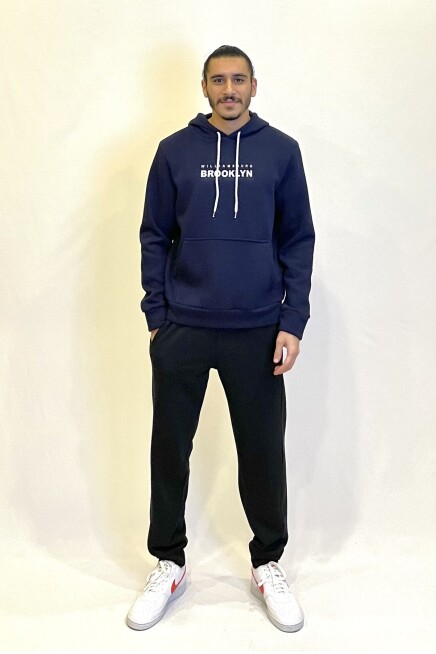 Erkek Kapşonlu Rahat Kalıp İçi Polarlı 3 iplik  Wıllams. Brooklyn Baskılı Swetashırt spr24sw04