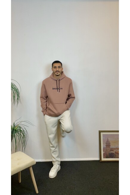 Erkek Kapşonlu Rahat Kalıp İçi Polarlı 3 iplik  Wıllams. Brooklyn Baskılı Swetashırt spr24sw04