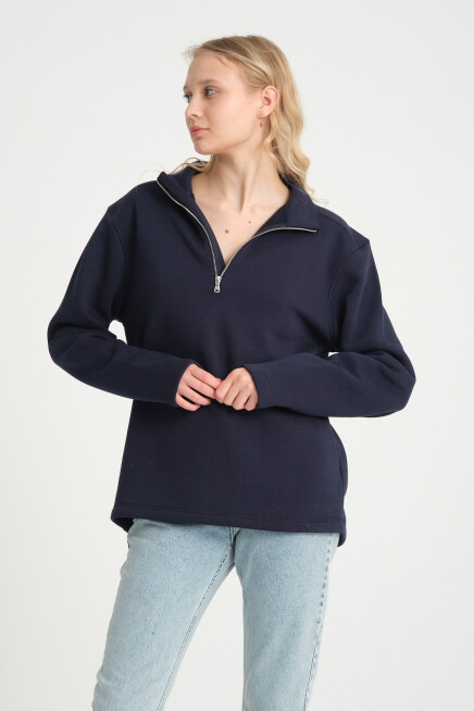  Kadın  Rahat Kalıp İçi Polarlı 3 iplik Yarım Fermuarlı  SweatShırt spr24swK21