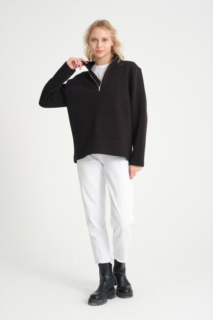  Kadın  Rahat Kalıp İçi Polarlı 3 iplik Yarım Fermuarlı  SweatShırt spr24swK21