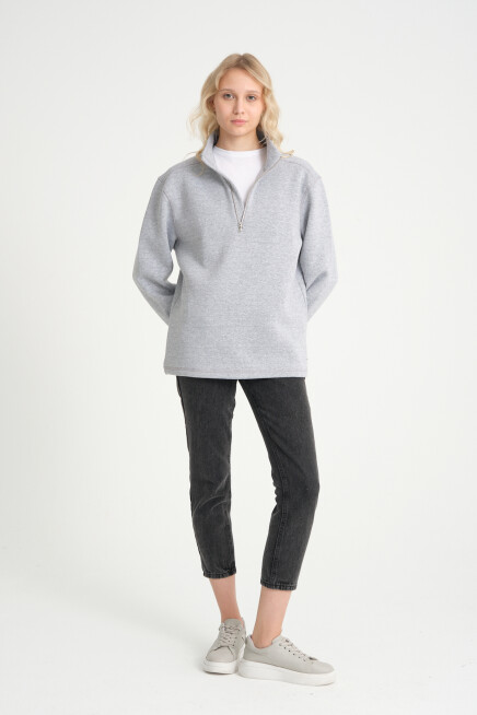  Kadın  Rahat Kalıp İçi Polarlı 3 iplik Yarım Fermuarlı  SweatShırt spr24swK21