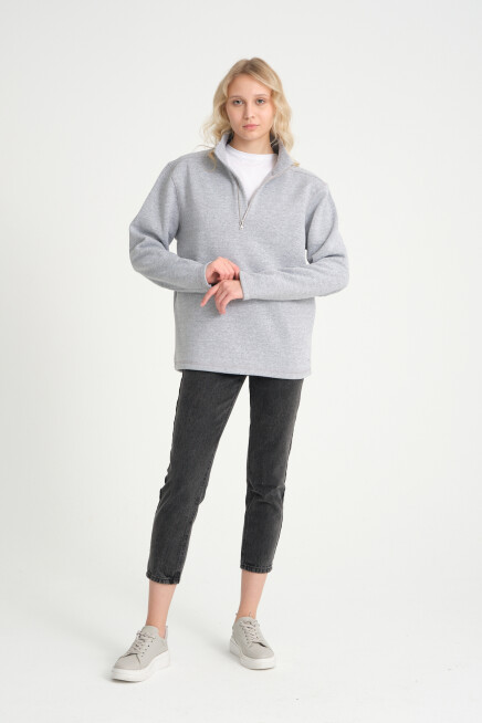  Kadın  Rahat Kalıp İçi Polarlı 3 iplik Yarım Fermuarlı  SweatShırt spr24swK21
