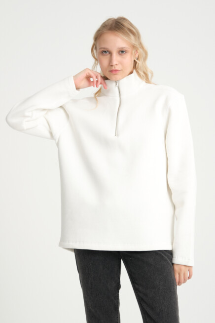  Kadın  Rahat Kalıp İçi Polarlı 3 iplik Yarım Fermuarlı  SweatShırt spr24swK21