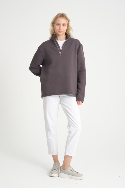  Kadın  Rahat Kalıp İçi Polarlı 3 iplik Yarım Fermuarlı  SweatShırt spr24swK21